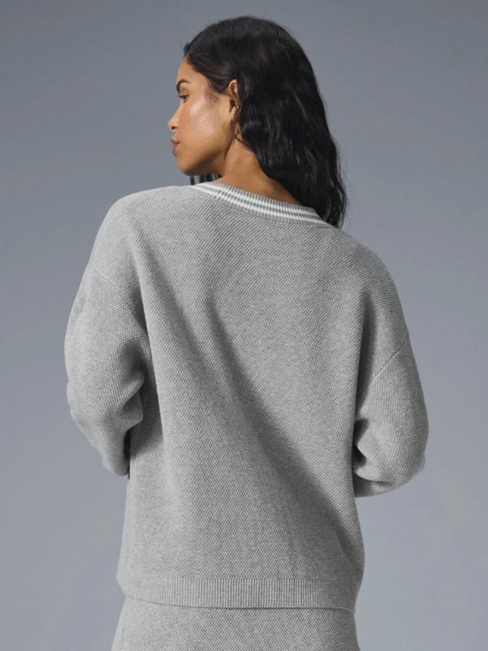 ALO Yoga EUC | Tennis Club Sweater Knit Cardigan in Athletic Heather Gray/White